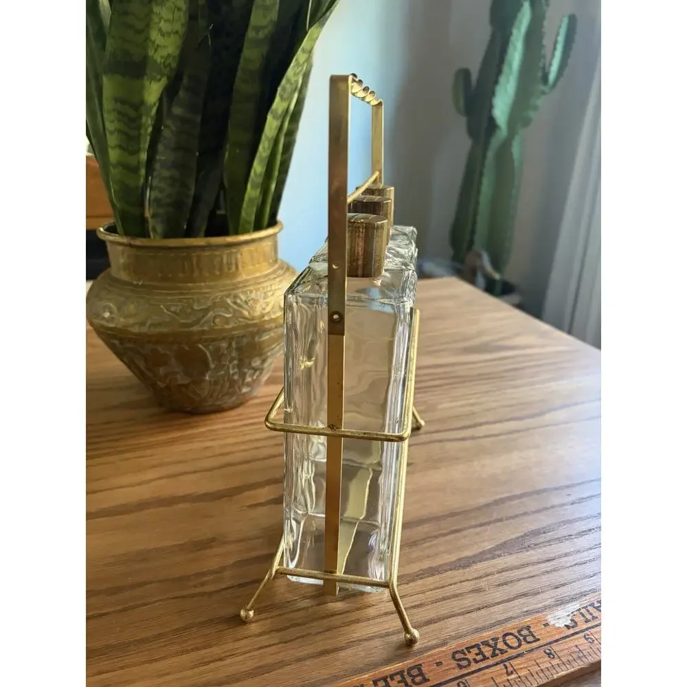 Vintage Midcentury Decanter Set with Brass Caddy Scotch Rye Bourbon Bottles